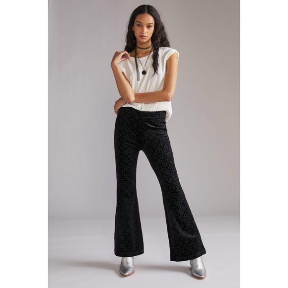 NEW Anthropologie Joni Velvet Flare Pants Sz L Black - Picture 1 of 10